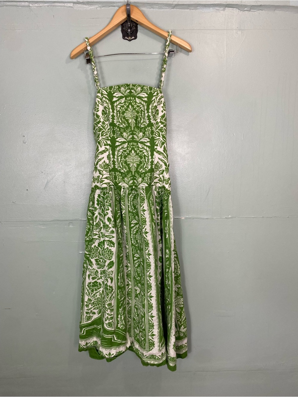 Farm Rio Delicate Tapestry Linen Drop Waist Midi Dress Green Small - Picture 2 of 12